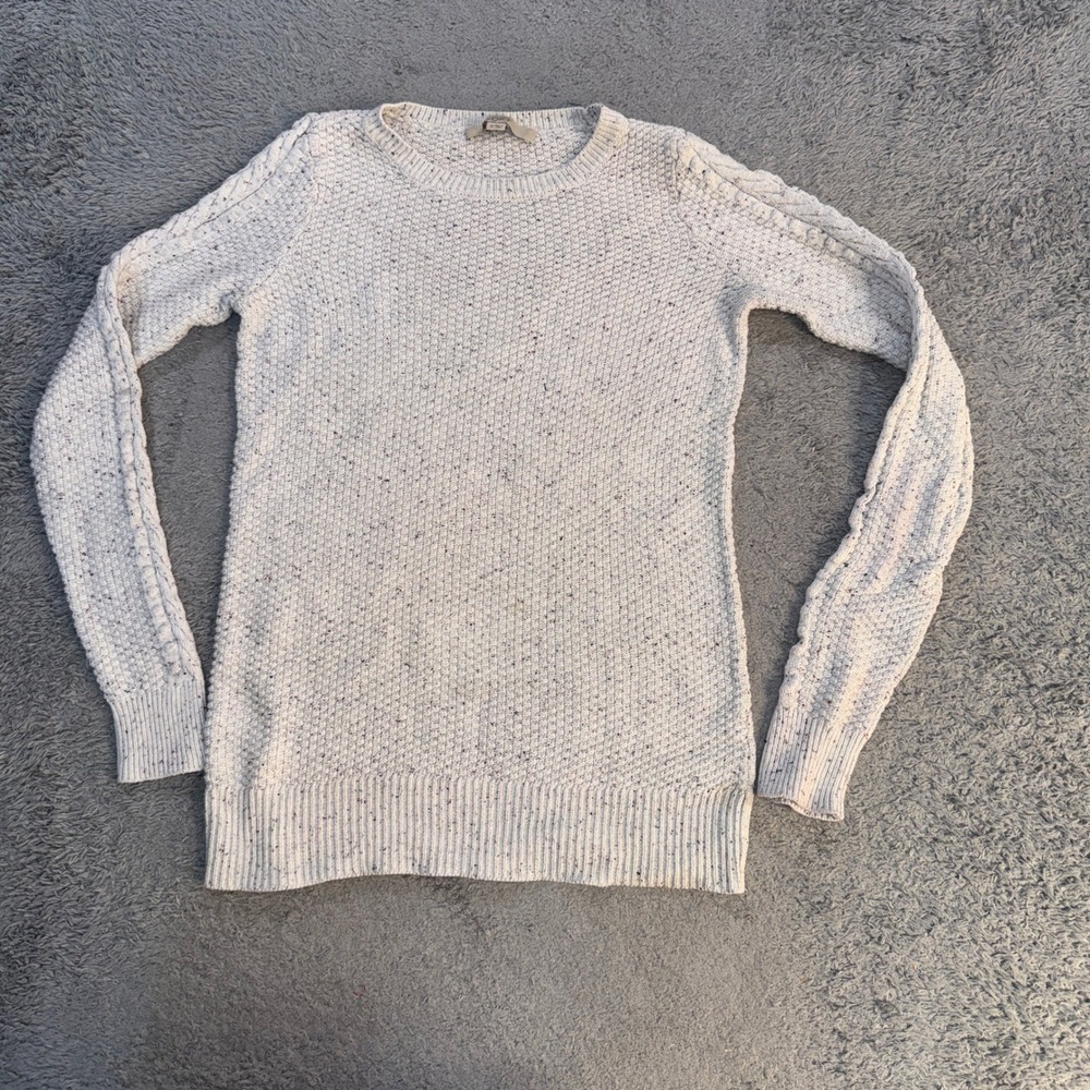 Loft Womens XS Speckled Cable Knit Sleeve Crewneck Sweater White Multi Color